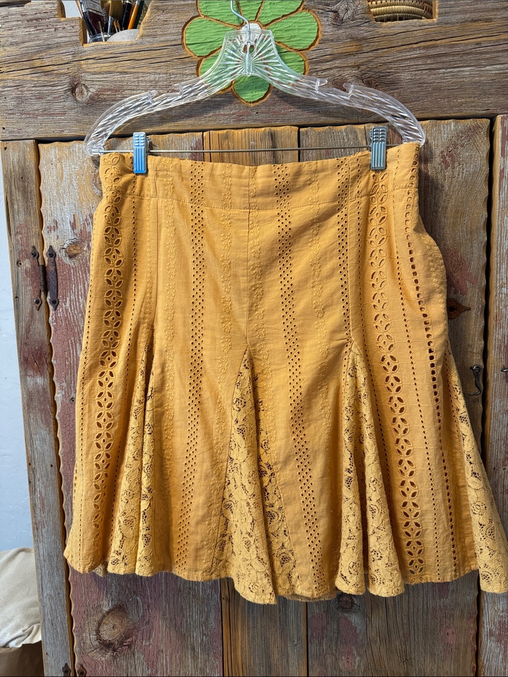 Free People Mustard Eyelet & Lace Circle Skirt, fully lined size large NWOT